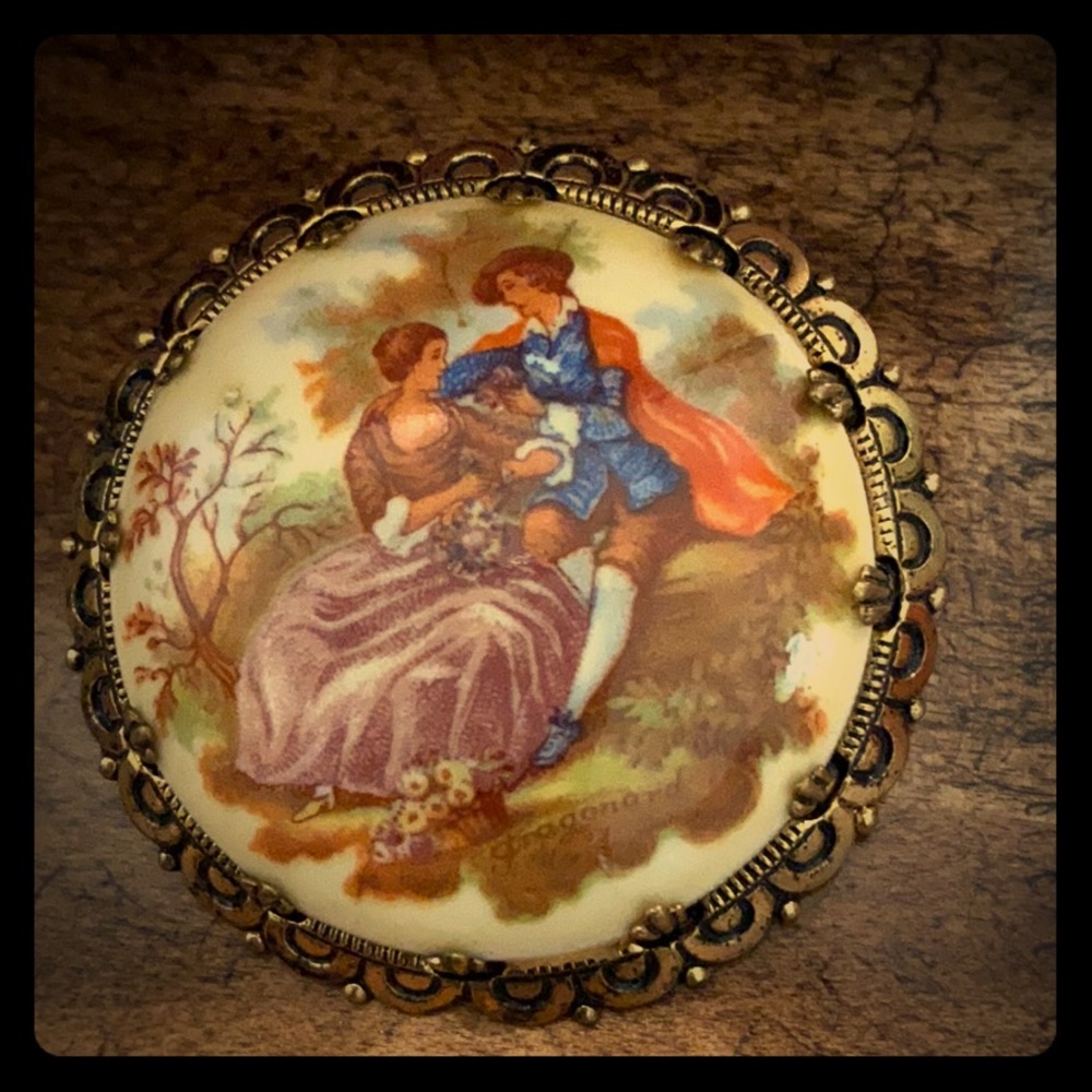 Western Germany brooch Fragonard courting couple